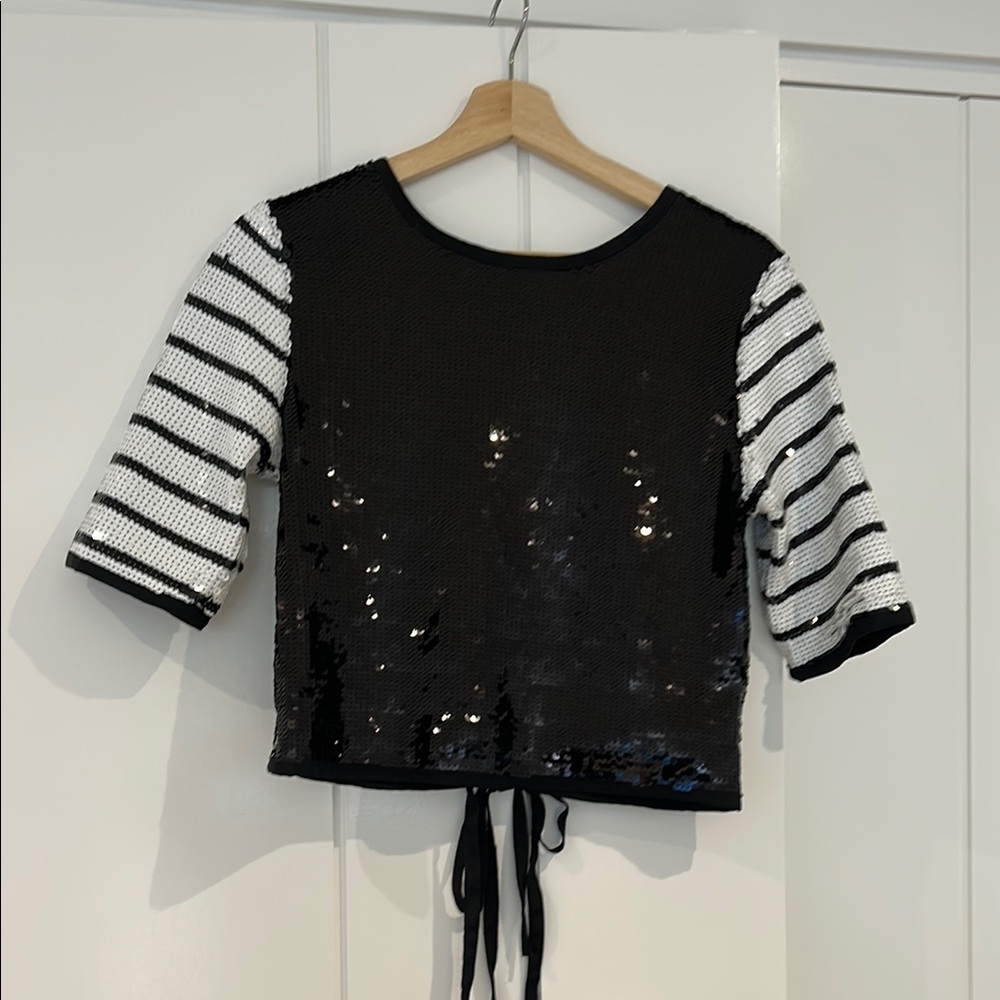 Black and White Sequin Open Back Top